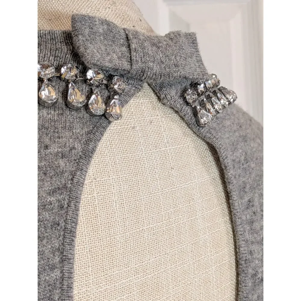 Kate Spade Wool Cashmere Gray Embellished Collar Sweater Keyhole Bow Back Sz XL